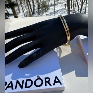 (2) Stackable Pandora Essence Organically Shaped 14K GP Gold Bangle Bracelets